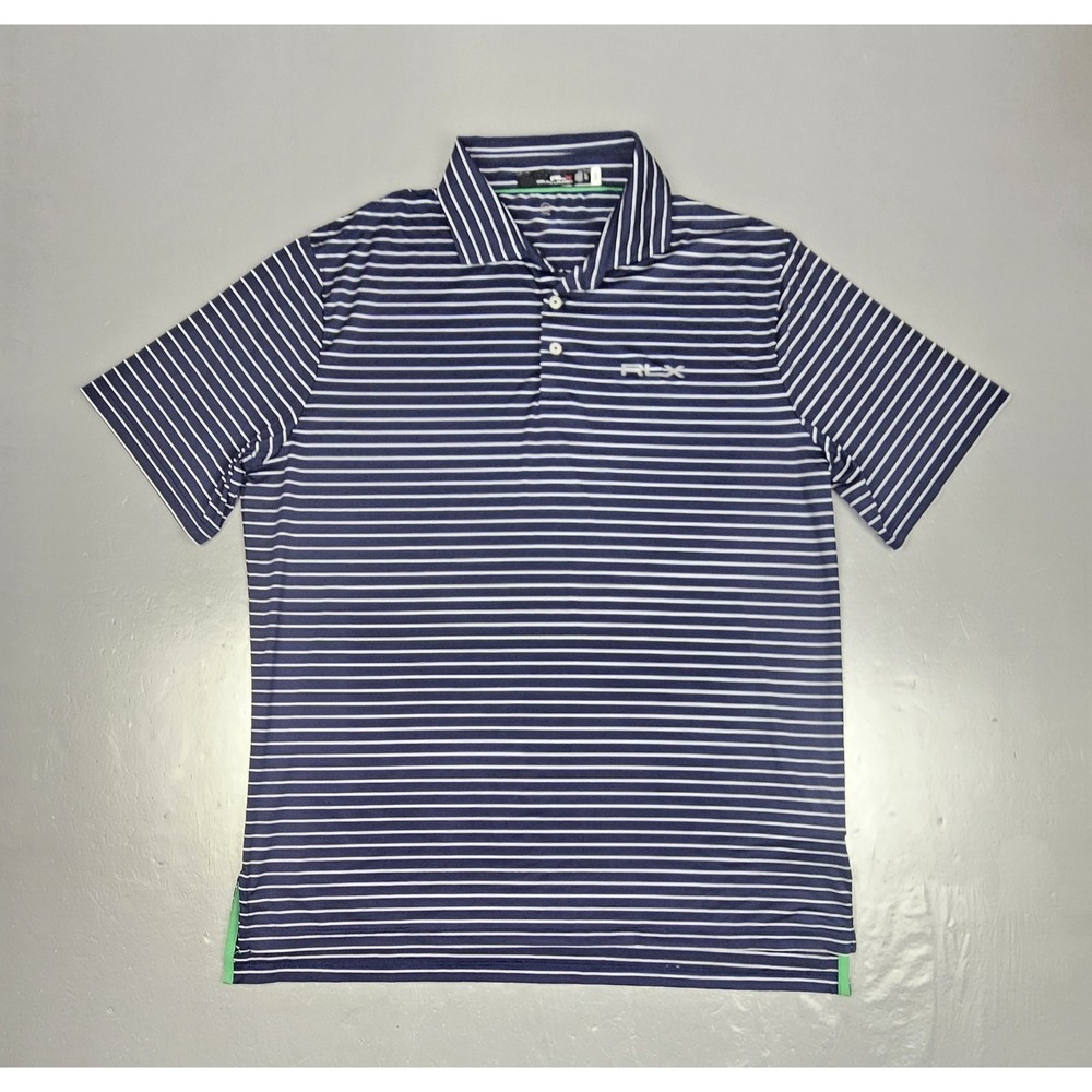 Rlx‎ Ralph Lauren Polo Golf Shirt Mens XL Blue White Striped ShortSleeve